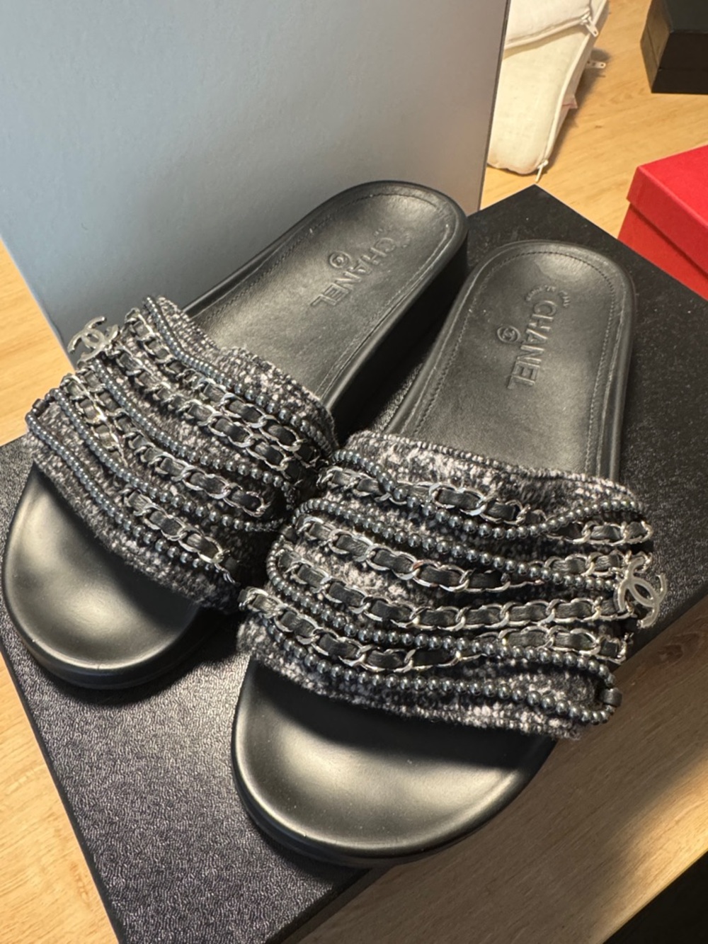 CHANEL Black Slide Sandals with Chain & Tweed Straps